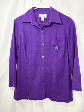A.K.C. Purple Linen Blend Button-Up Shirt with Embroidered Pocket Size Medium
